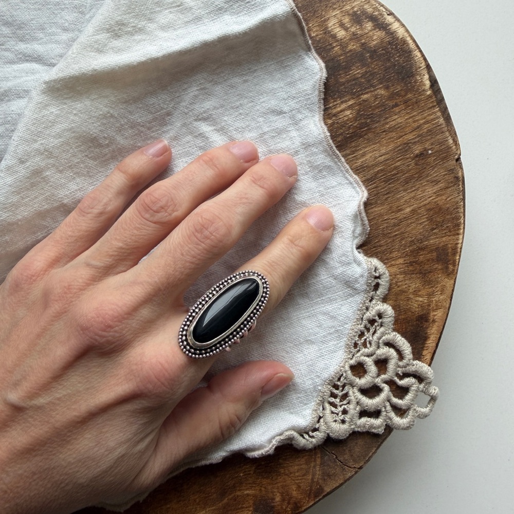 Sterling Silver Black Onyx Statement Ring Oval Bezel - Picture 2 of 5